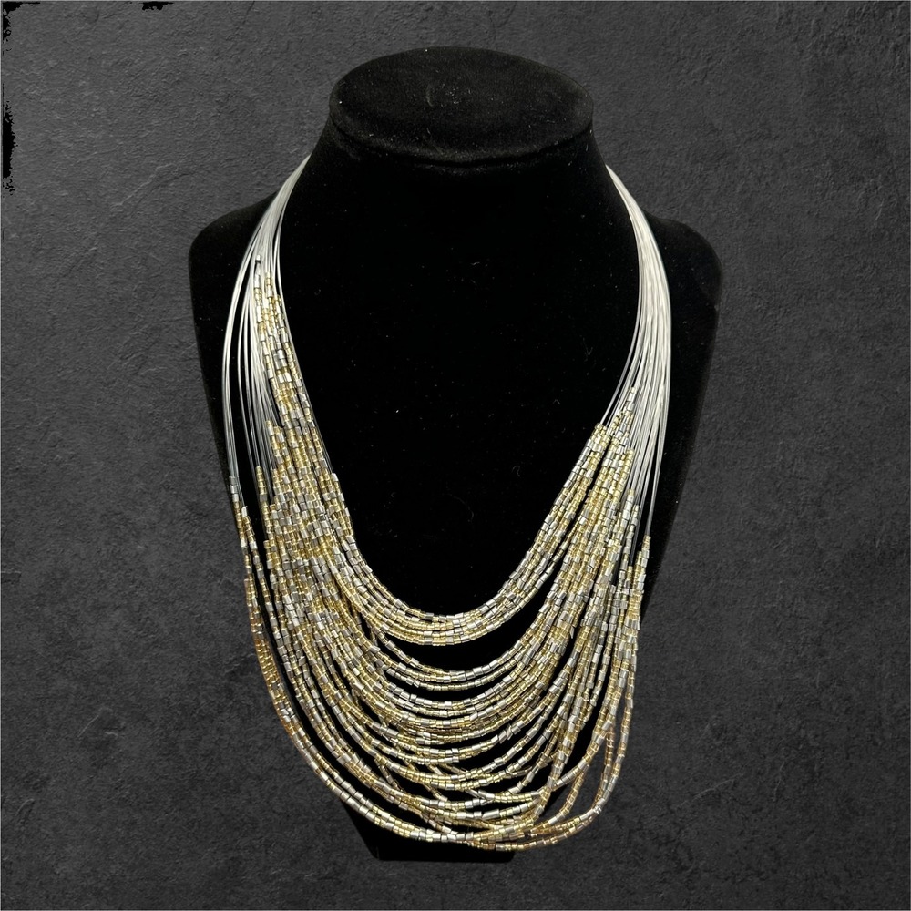 Multi Strand Layered Waterfall Seed Bead Necklace Silver Gold Tone Statement Bib